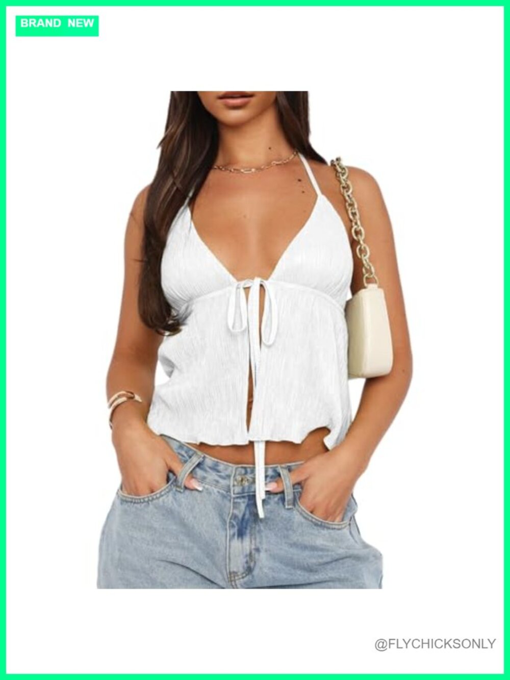 Women Y2k Plisse Front Tie Crop Top Halter Neck Flowy Summer Going Out Cami